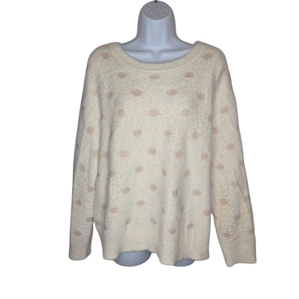 Grace & Lace Eyelash Knit Polka Dot Sweater Cream Metallic Gold Large